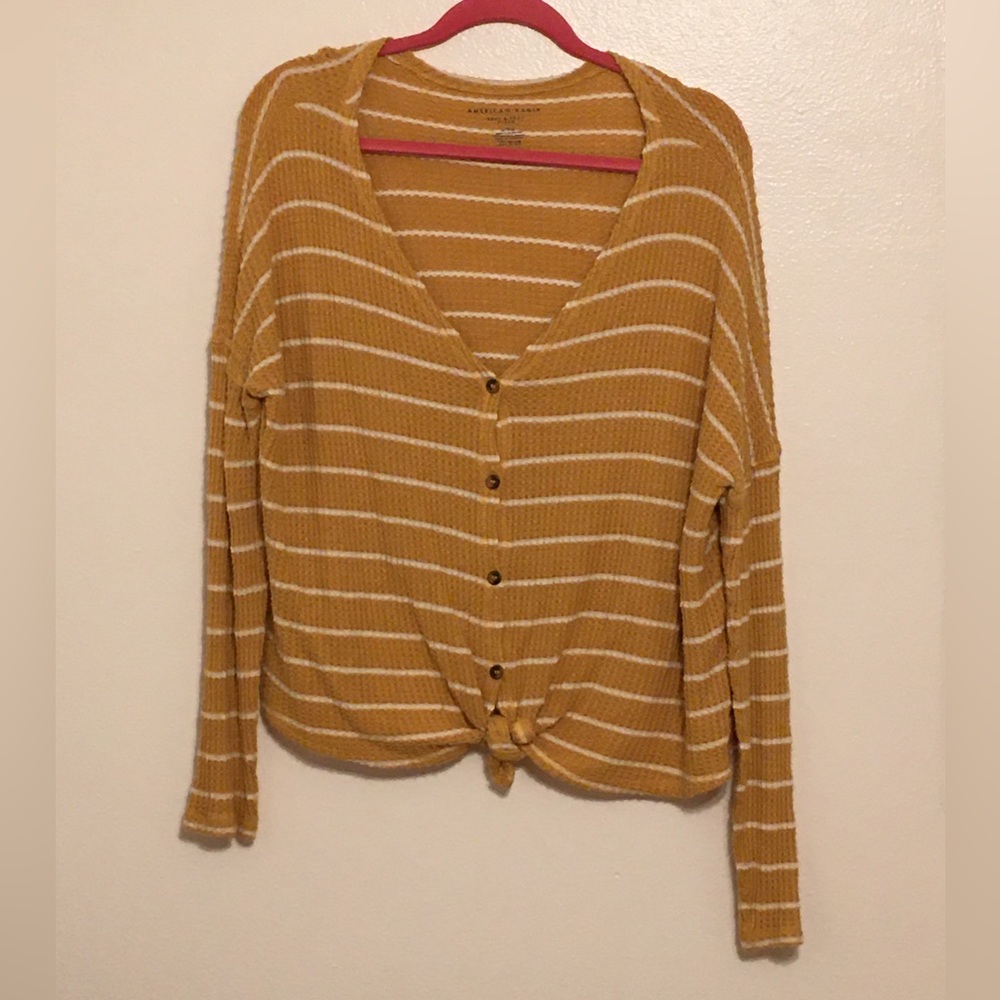 American Eagle Soft & Sexy Plush Long Sleeve Top Size L Mustard Yellow/White